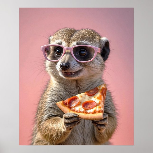 Cute Meerkat med glas och Pizza Poster (Framsidan)