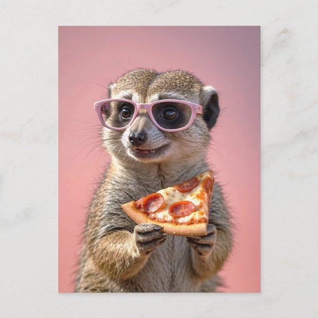 Cute Meerkat med glas och Pizza Vykort (Framsida)
