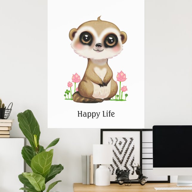 Cute Meerkat och Flowers Lycklig Poster (Hemmakontoret)