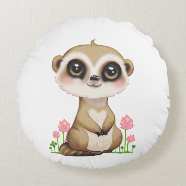 Cute Meerkat och Flowers på White Rund Kudde (Framsidan)