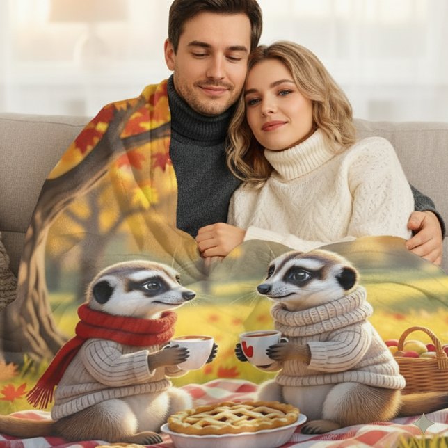 Cute Meerkats in Autumn Attire på Picnic Fleecefilt (Meerkat Couple in Autumn Attire Fleece Blanket Cover Photo)