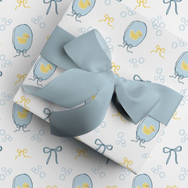 Cute Meets Elegant Rubber Ducky Ribbon Bow Presentpapper (Elegant meets cute yellow and blue rubber ducky gift wrapping paper.)