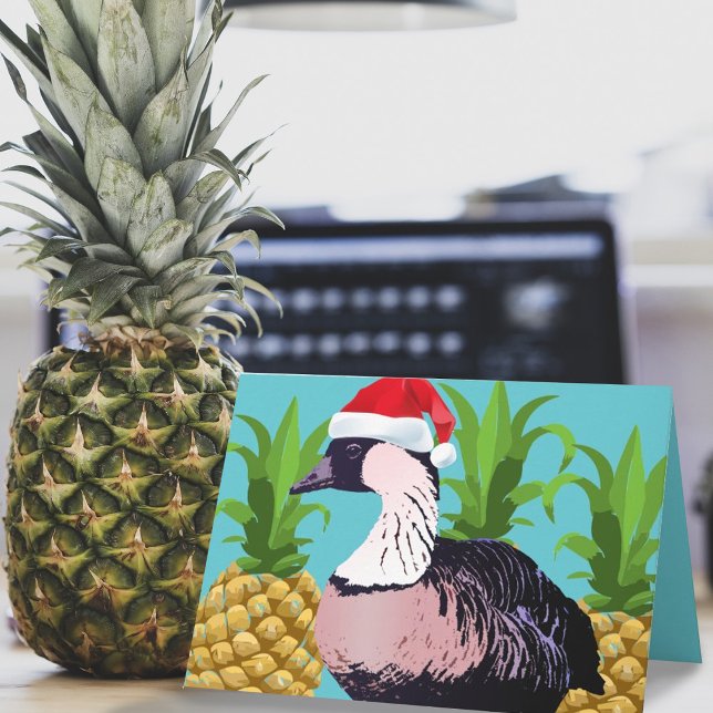 Cute Mele Kalikimaka Hawaiian Nene Goose Pineapple Helgkort (Funny Hawaiian Christmas card with Nene goose and pineapple)