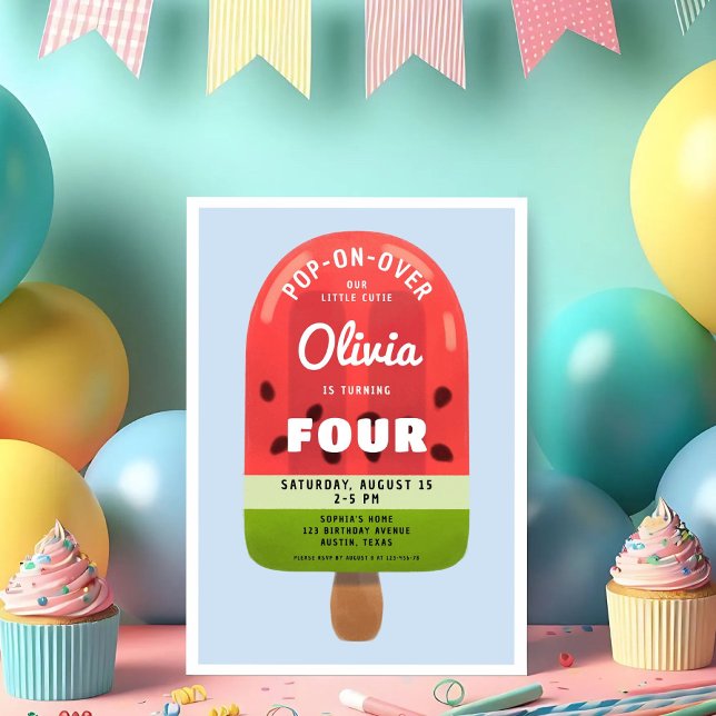 Cute Melon Popsicle Girl 4e födelsedagen Inbjudningar (Cute Melon Popsicle Girl 4th Birthday Invitation)