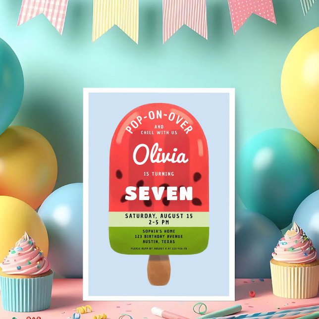 Cute Melon Popsicle Girl 7:e Birthday Inbjudningar (Cute Melon Popsicle Girl 7th Birthday Invitation)