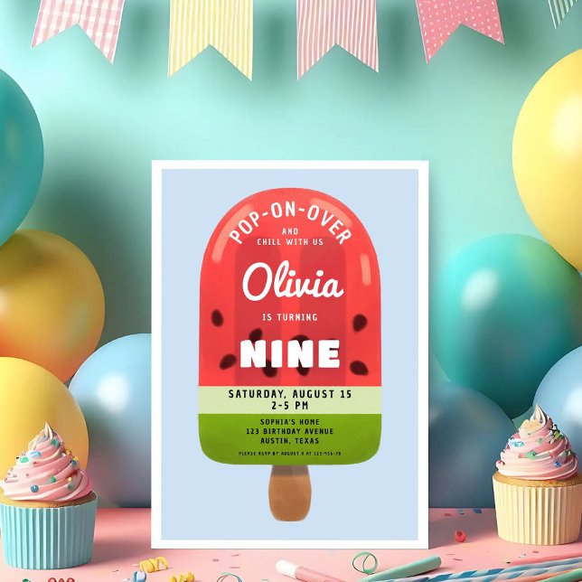 Cute Melon Popsicle Girl 9:e födelsedagen Inbjudningar (Cute Melon Popsicle Girl 9th Birthday Invitation)
