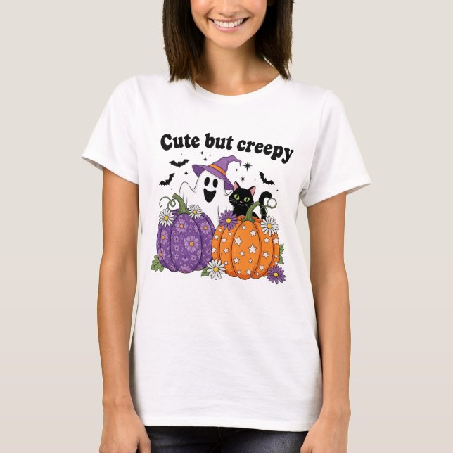 Cute men Creepy Halloween Ghost & Cat Design T Shirt (Framsida)