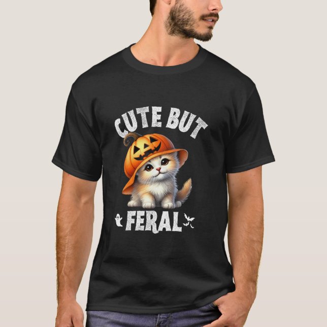 Cute Men Feral Kitten Cat Lovers Pumpkin Hat Hallo T Shirt (Framsida)