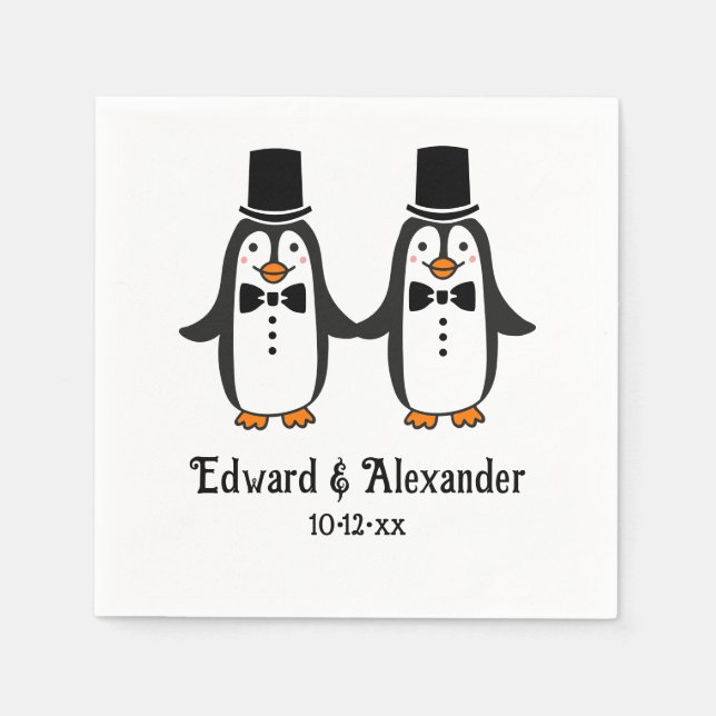 Cute Men Penguins Wedding Couple Names Date #3SmP  Pappersservett (Framsidan)