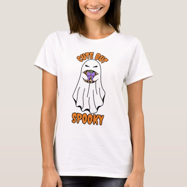 Cute men Spooky Halloween Ghost Holding a Pumpkin T Shirt (Framsida)