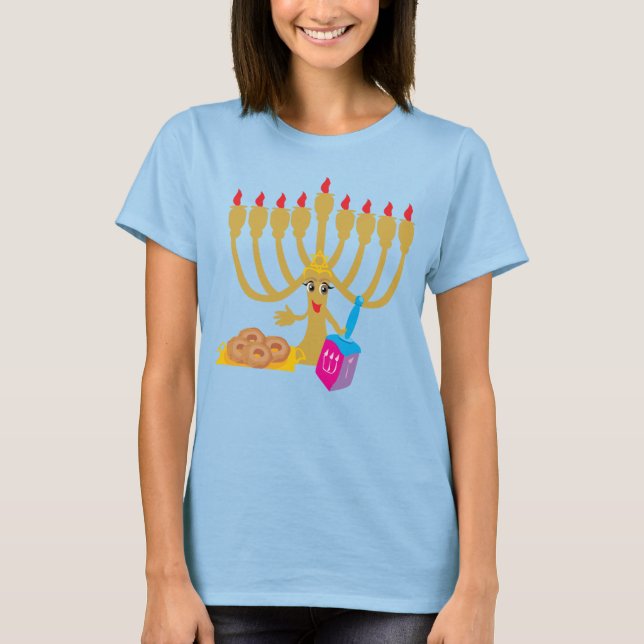 Cute Menorah & Dreidel Navy Blue Tee Shirt (Framsida)