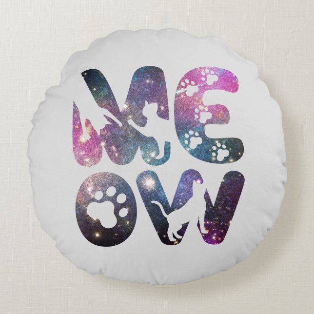 Cute Meow Cat Silhouettes och Cat Tass avtryck Rund Kudde (Framsidan)