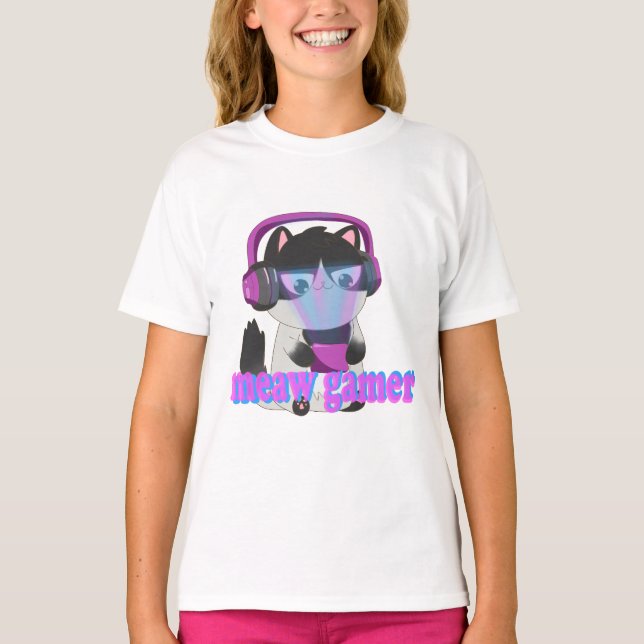 Cute Meow Gamer Cat - Kawaii Gaming Kitten T Shirt (Framsida)