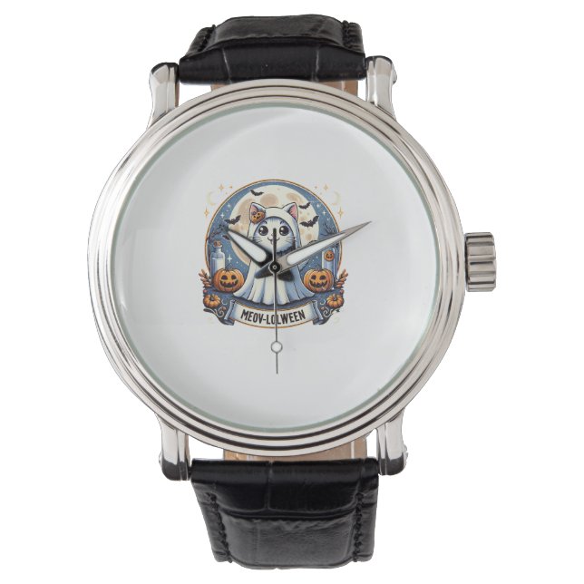 Cute Meow-lolween Cat in Ghost Costume Halloween A Armbandsur (Framsida)