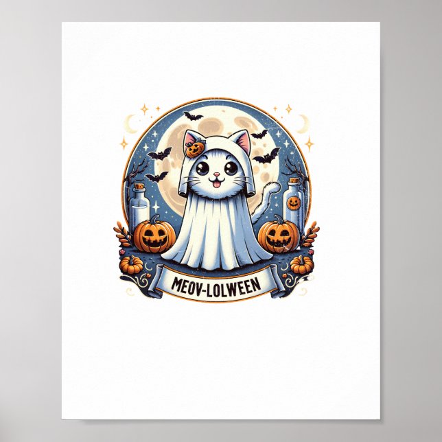 Cute Meow-lolween Cat in Ghost Costume Halloween A Poster (Framsidan)