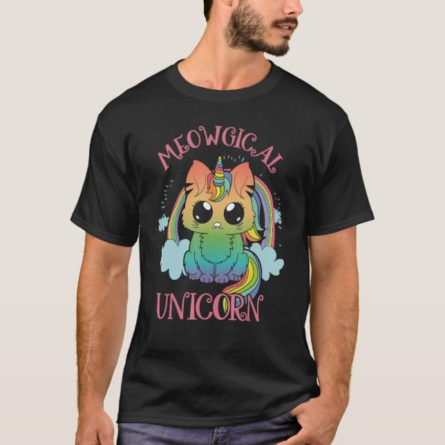 Cute Meowgical Unicorn Cat Magic Colourful Rainbow T Shirt (Framsida)
