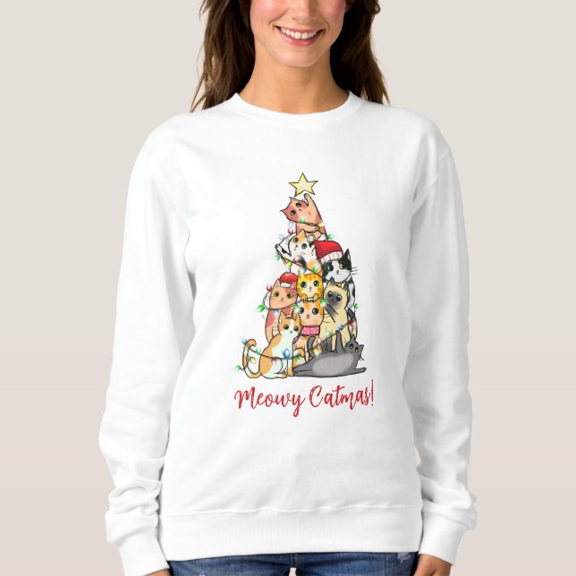 Cute Meowy Catmas Cat Julgran T Shirt (Framsida)