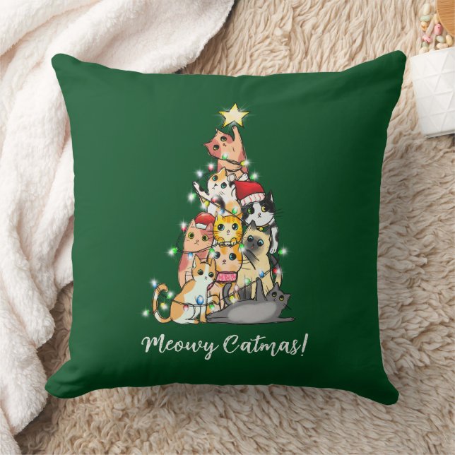 Cute Meowy Catmas Cats Julgran Grönt Kudde (Filt)