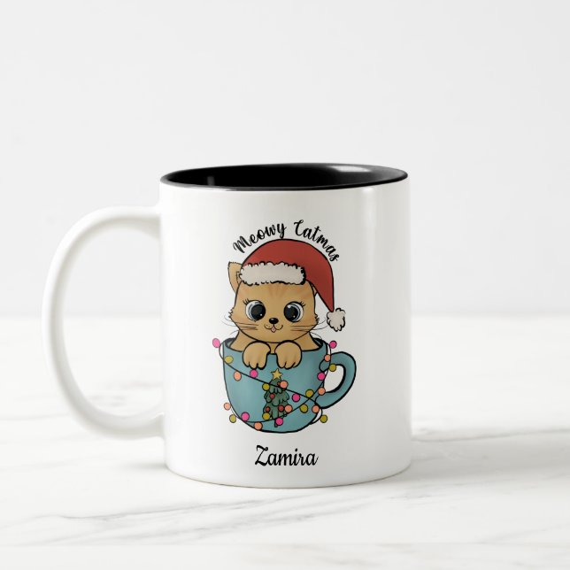 Cute Meowy Catmas jultomten Två-Tonad Mugg (Vänster)