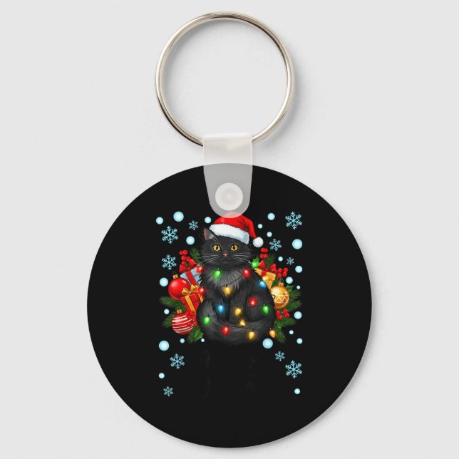 Cute Meowy Christmas Black Cat Santa Hat Xmas Wome Nyckelring (Framsida)