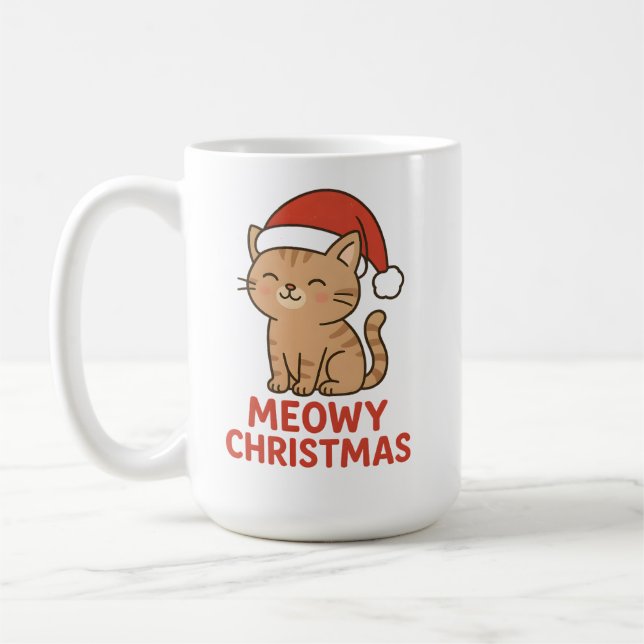 Cute Meowy Christmas Cat Santa Hat Kaffemugg (Vänster)