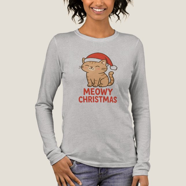 Cute Meowy Christmas Cat Santa Hat T Shirt (Framsida)