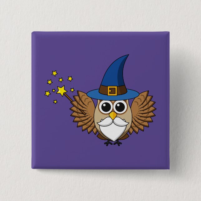 Cute Merlin the Wizard Uggla Tecknad Knapp (Framsida)