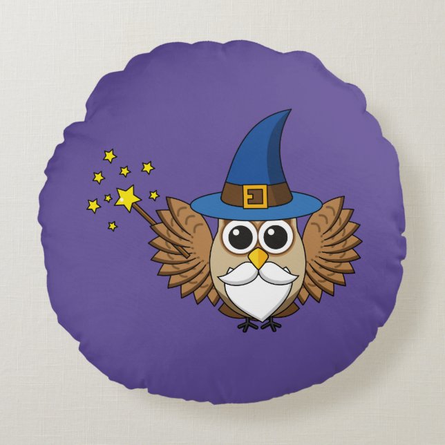 Cute Merlin the Wizard Uggla Tecknad Rund Kudde (Framsidan)
