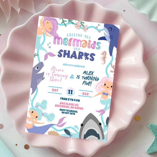 Cute Mermaid and Sharks Joint Birthday invitation Inbjudningar (Skapare uppladdad)