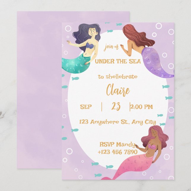 Cute Mermaid Birthday Invitation Inbjudningar (Fram/baksida)