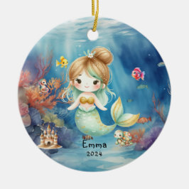 Cute Mermaid Ocean Photo Watercolor Personalized Julgransprydnad Keramik