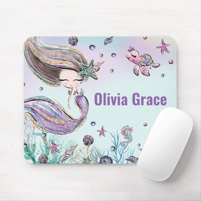 Cute Mermaid Under the Sea Purple Glitter Mouse Pa Musmatta (Med mus)