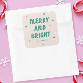 Cute Merry & Bright Rosa + Grönt Helgdag Fyrkantigt Klistermärke