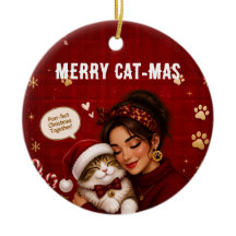 Cute Merry Cat-Mas Crimson Christmas Photo Name