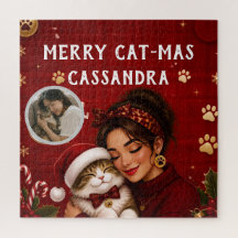 Cute Merry Cat-Mas Crimson Christmas Photo Name