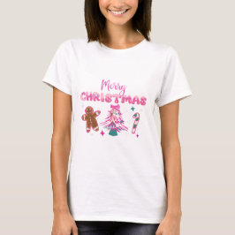 Cute Merry Christmas Gingerbread and Candy Design T Shirt