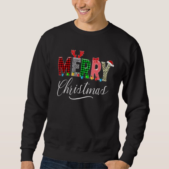 Cute Merry Christmas Leopard Buffalo Red Plaid For Lång Ärmad Tröja (Framsida)