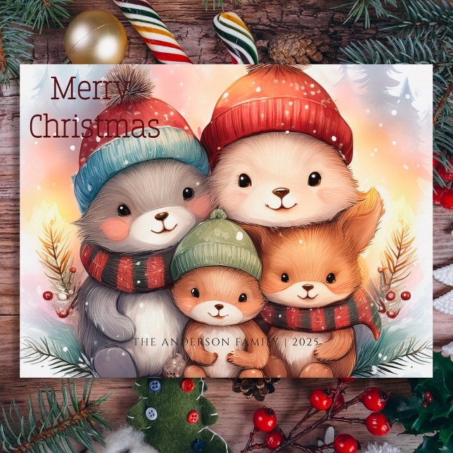 Cute Merry Christmas Woodland Animal Family  Helg Vykort (Skapare uppladdad)