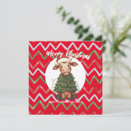 Cute merry Cow Christmas tree calf ox Xmas pattern Julkort