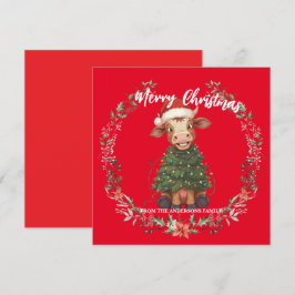 Cute merry Cow Christmas tree calf ox Xmas pattern Julkort