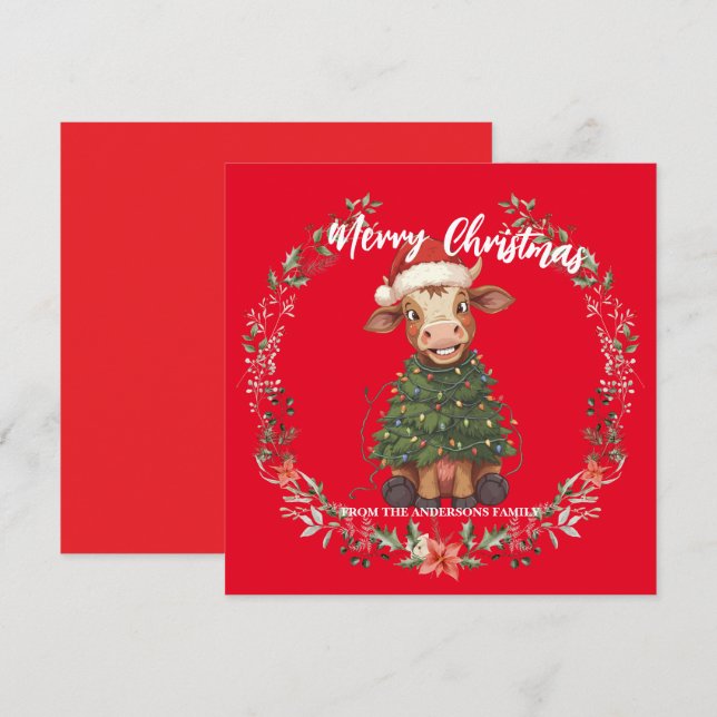 Cute merry Cow Christmas tree calf ox Xmas pattern Julkort (Fram/baksida)