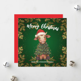 Cute merry Cow Christmas tree calf ox Xmas pattern Julkort