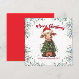 Cute merry Cow Christmas tree calf ox Xmas pattern Julkort