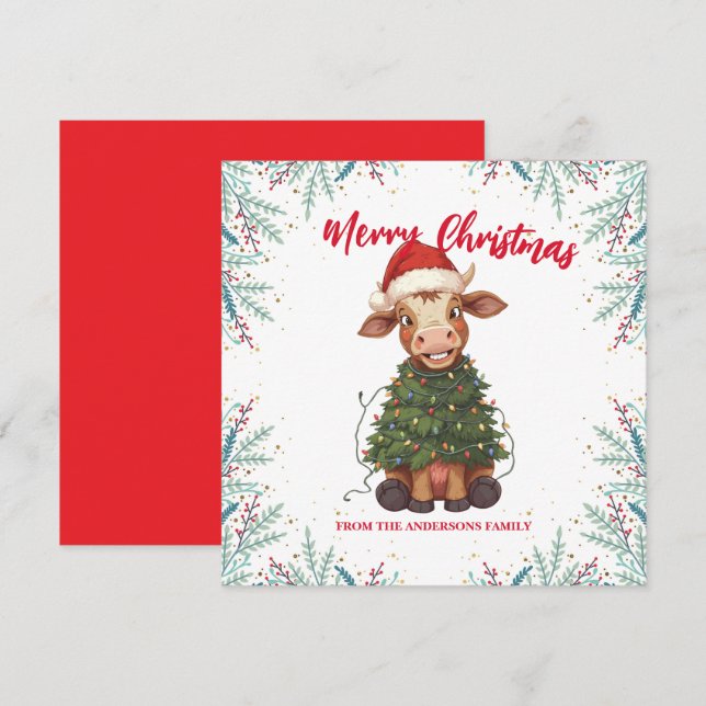 Cute merry Cow Christmas tree calf ox Xmas pattern Julkort (Fram/baksida)