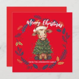 Cute merry Cow Christmas tree calf ox Xmas pattern Julkort