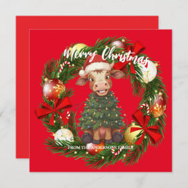 Cute merry Cow Christmas tree calf ox Xmas pattern Julkort