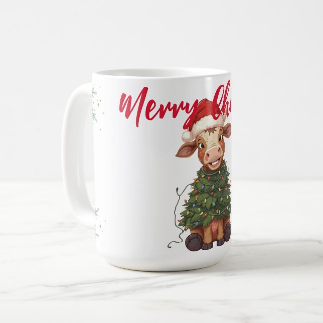 Cute merry Cow Christmas tree calf ox Xmas pattern Kaffemugg (Framsida vänster)
