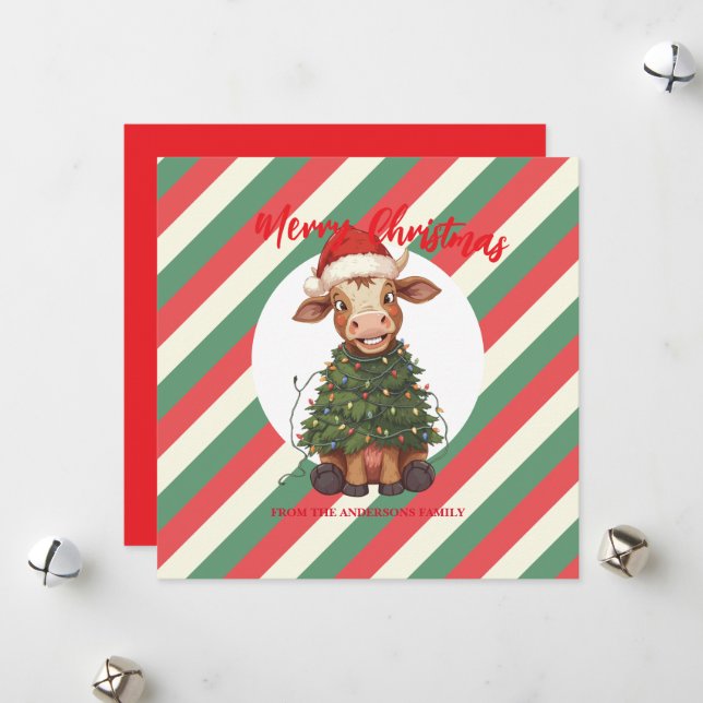 Cute merry Cow Christmas tree calf ox Xmas plaid Julkort (Fram/Back In Situ)