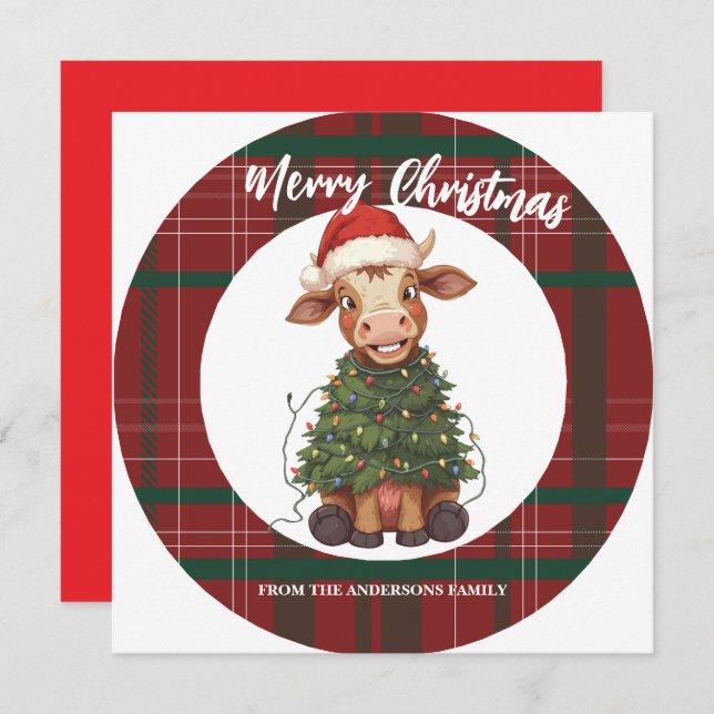 Cute merry Cow Christmas tree calf ox Xmas plaid Julkort (Fram/baksida)