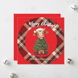 Cute merry Cow Christmas tree calf ox Xmas plaid Julkort